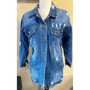 Oshun Womens Sz S Blue Distressed Denim Jean Jacket Long Oversized Trucker Blue